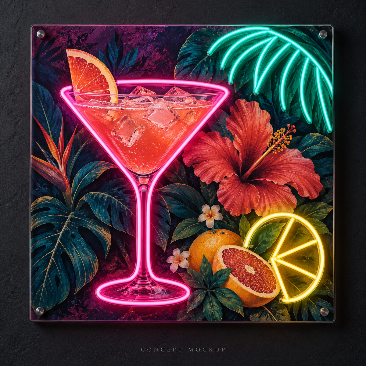 Paradise After Dark UV Print LED Neon Art concept mockup showing detailed UV-printed artwork and Pink / Teal / Yellow LED neon accents