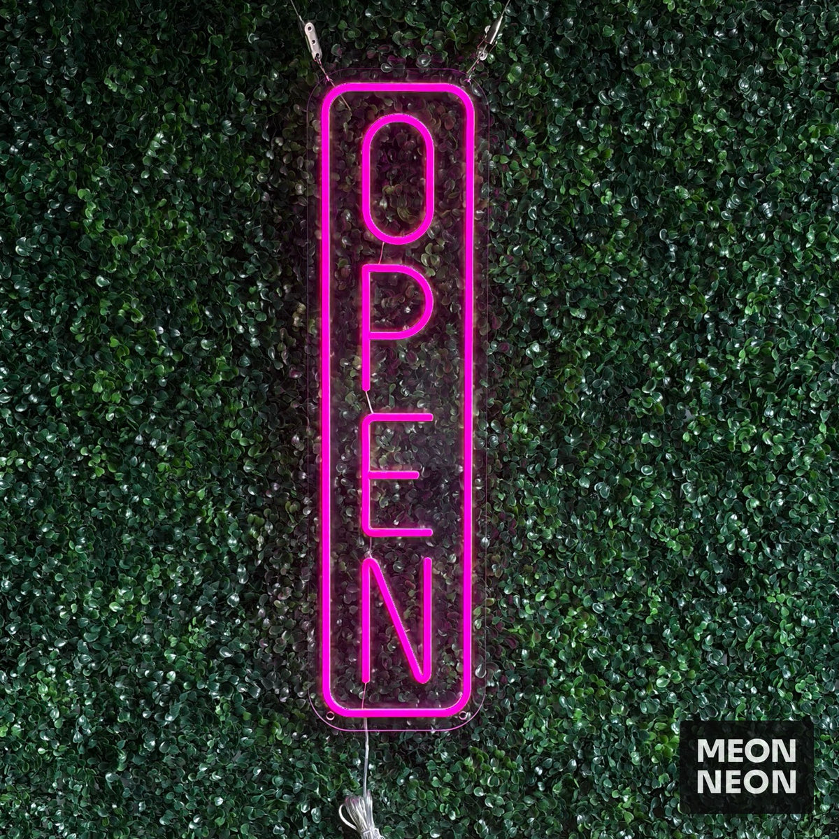 Vertical Open Neon Sign, real photo of a finished Meon Neon sign, lit