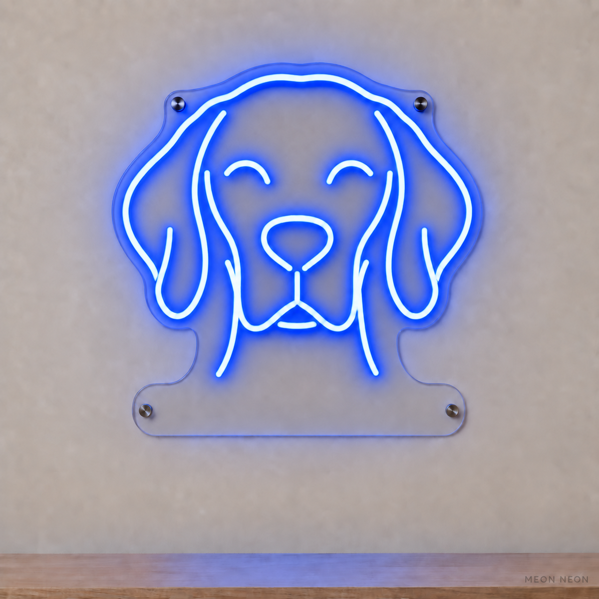 MEON NEON-watermarked concept mockup of a Blue Vizsla head LED neon sign with a blank acrylic area for a UV-printed breed caption or dog name.