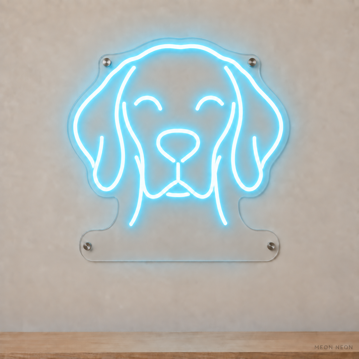 MEON NEON-watermarked concept mockup of a Ice Blue Vizsla head LED neon sign with a blank acrylic area for a UV-printed breed caption or dog name.