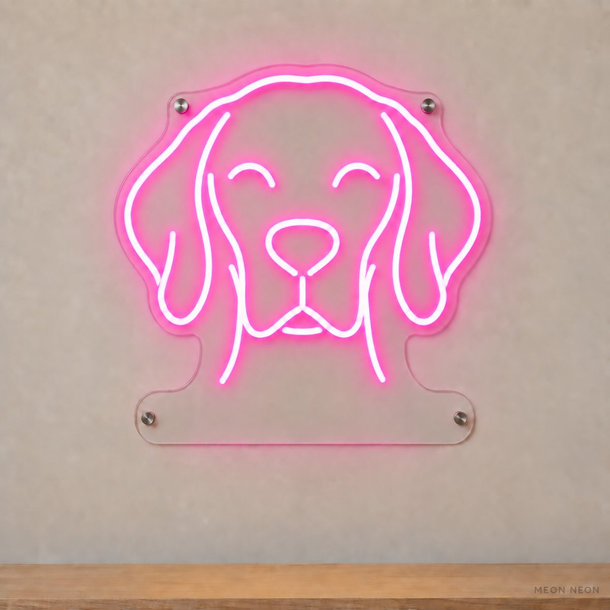 MEON NEON-watermarked concept mockup of a Pink Vizsla head LED neon sign with a blank acrylic area for a UV-printed breed caption or dog name.