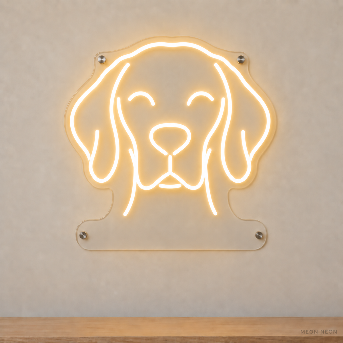 MEON NEON-watermarked concept mockup of a Warm White Vizsla head LED neon sign with a blank acrylic area for a UV-printed breed caption or dog name.