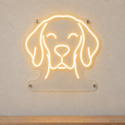 MEON NEON-watermarked concept mockup of a Warm White Vizsla head LED neon sign with a blank acrylic area for a UV-printed breed caption or dog name.