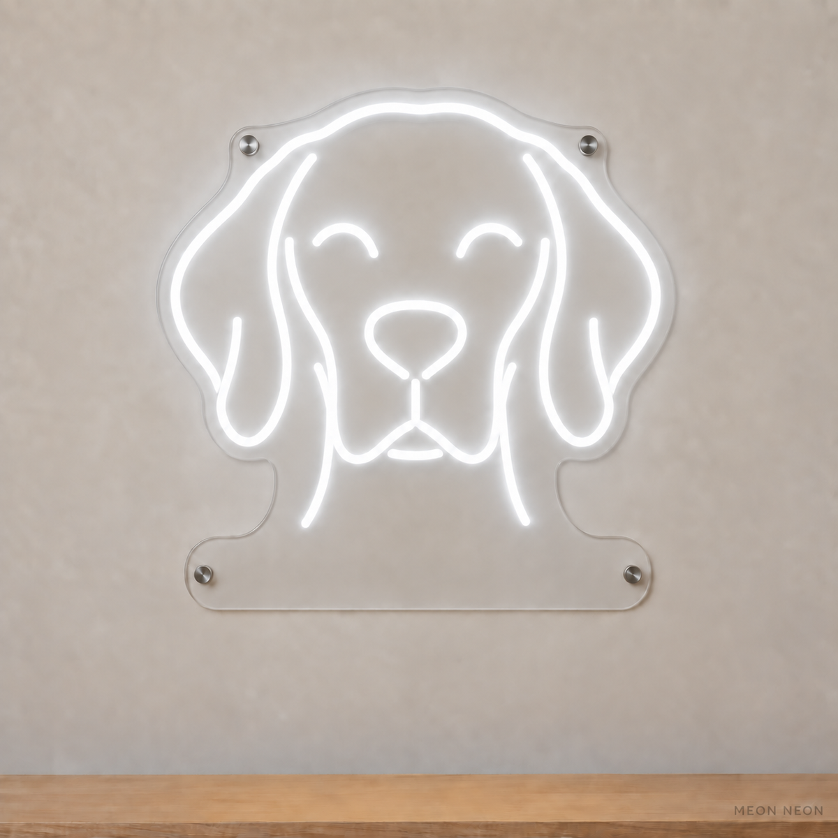 MEON NEON-watermarked concept mockup of a White Vizsla head LED neon sign with a blank acrylic area for a UV-printed breed caption or dog name.