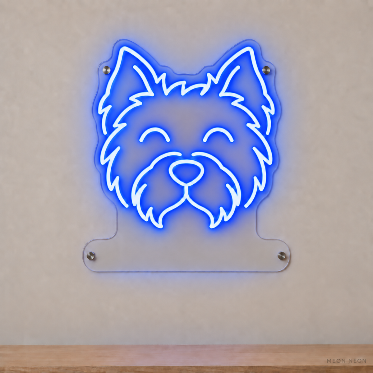 MEON NEON-watermarked concept mockup of a Blue West Highland White Terrier head LED neon sign with a blank acrylic area for a UV-printed breed caption or dog name.