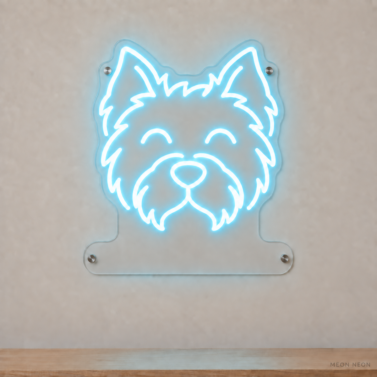 MEON NEON-watermarked concept mockup of a Ice Blue West Highland White Terrier head LED neon sign with a blank acrylic area for a UV-printed breed caption or dog name.