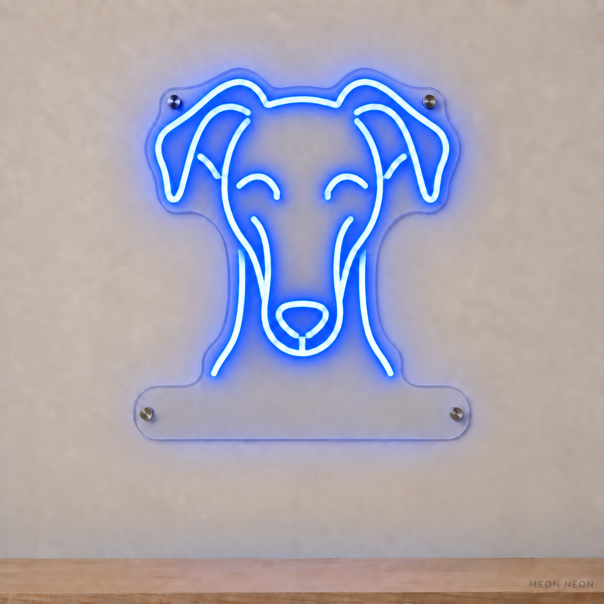 MEON NEON-watermarked concept mockup of a Blue Whippet head LED neon sign with a blank acrylic area for a UV-printed breed caption or dog name.
