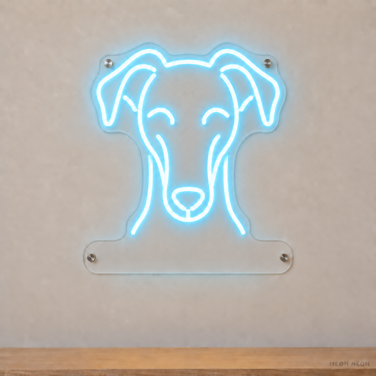 MEON NEON-watermarked concept mockup of a Ice Blue Whippet head LED neon sign with a blank acrylic area for a UV-printed breed caption or dog name.