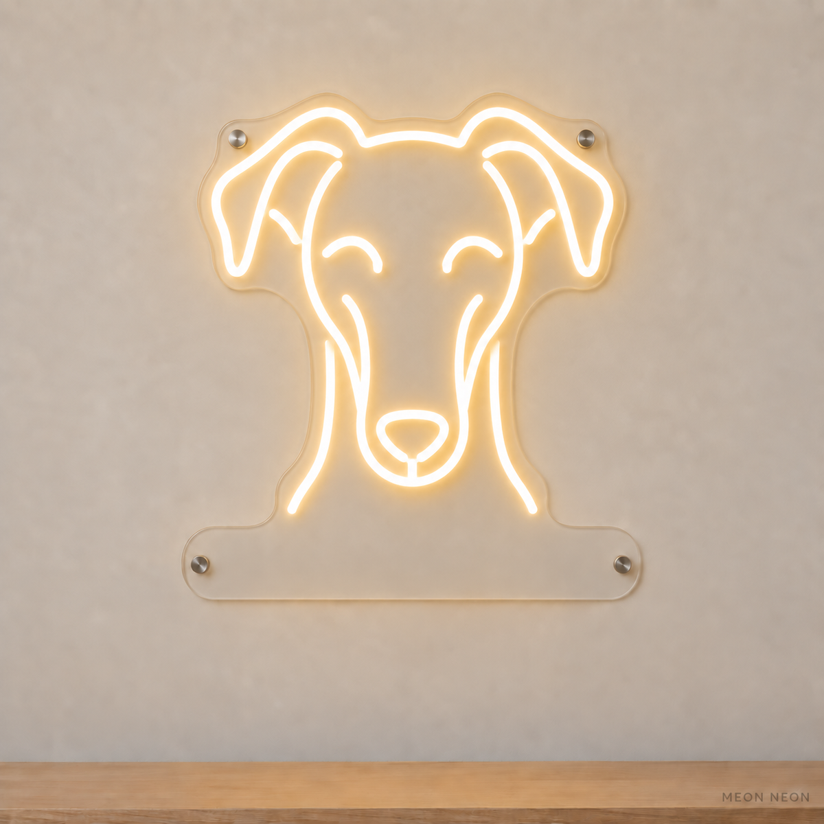 MEON NEON-watermarked concept mockup of a Warm White Whippet head LED neon sign with a blank acrylic area for a UV-printed breed caption or dog name.