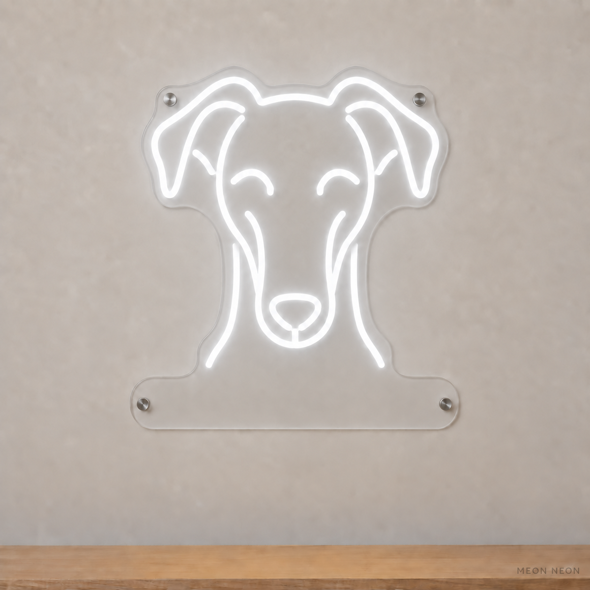 MEON NEON-watermarked concept mockup of a White Whippet head LED neon sign with a blank acrylic area for a UV-printed breed caption or dog name.