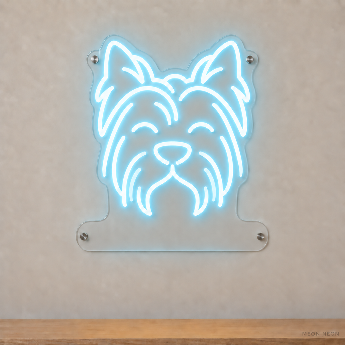 MEON NEON-watermarked concept mockup of a Ice Blue Yorkshire Terrier head LED neon sign with a blank acrylic area for a UV-printed breed caption or dog name.
