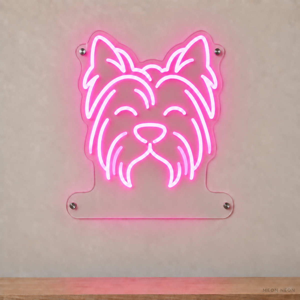 MEON NEON-watermarked concept mockup of a Pink Yorkshire Terrier head LED neon sign with a blank acrylic area for a UV-printed breed caption or dog name.
