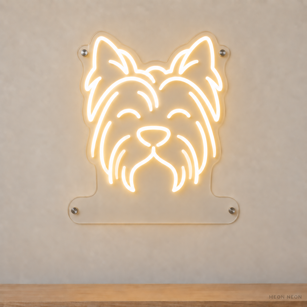 MEON NEON-watermarked concept mockup of a Warm White Yorkshire Terrier head LED neon sign with a blank acrylic area for a UV-printed breed caption or dog name.