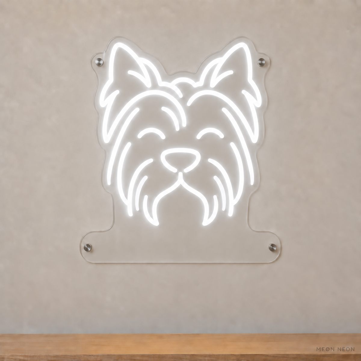 MEON NEON-watermarked concept mockup of a White Yorkshire Terrier head LED neon sign with a blank acrylic area for a UV-printed breed caption or dog name.